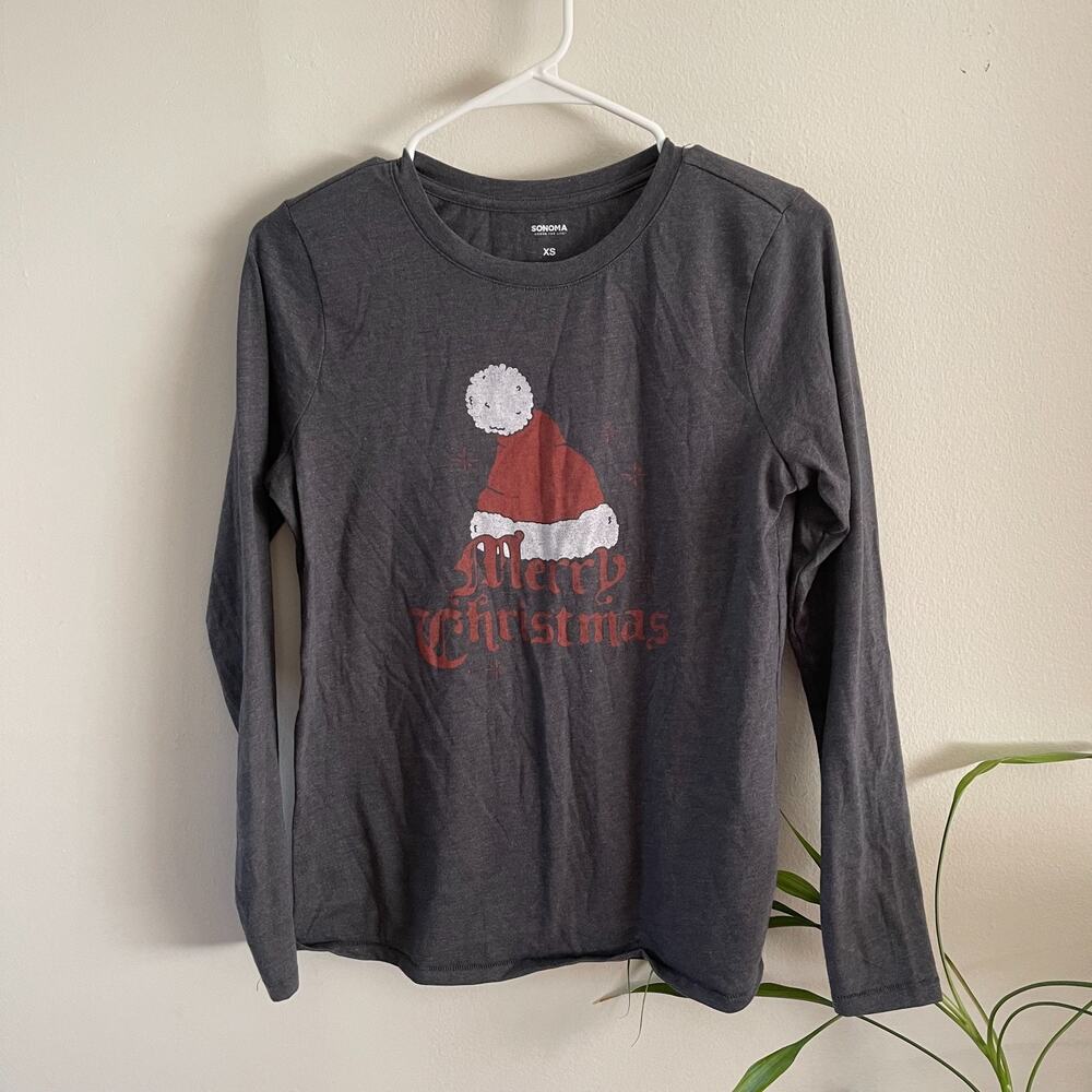 Sonoma Christmas Shirt Santa Hat Merry Womens XS Long Sleeve Green Holiday